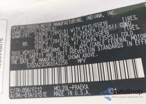 2006 Toyota Sienna Le z USA, uszkodzony, nr VIN 5TDZA23C96S542256